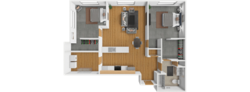 A top-down view of a two-bedroom apartment with a living room, kitchen, and bathroom.