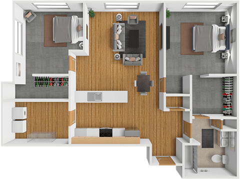 A top-down view of a two-bedroom apartment with a living room, kitchen, and bathroom.