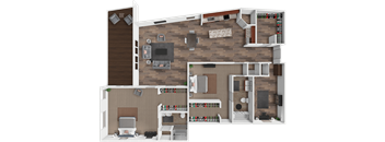 A 3D rendered image of a house layout with a living room, kitchen, and bedrooms.