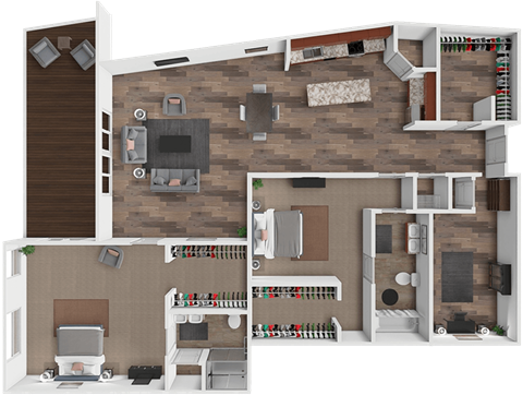 A 3D rendered image of a house layout with a living room, kitchen, and bedrooms.