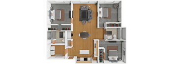 A 3D floor plan of a house with a living room, kitchen, and two bedrooms.