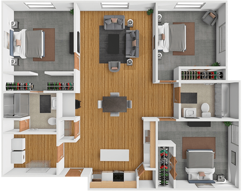 A 3D floor plan of a house with a living room, kitchen, and two bedrooms.