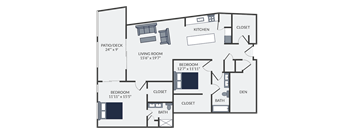the floor plan of a bedroom apartment with a living room and a kitchen