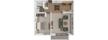 A top-down view of a small apartment with a kitchen, living room, and bathroom.