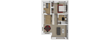 A 3D floor plan of a1 bedroom apartment with a kitchen, living room, and bedroom.