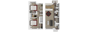 A floor plan of a two-story apartment with a living room, kitchen, and 2 bedrooms and 1.5 bathrooms.
