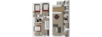 A 3D floor 3 bedrooms and a living area.