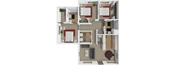 a 3D floor plan of a 3 bedroom 2 bathroom apartments at cross creek in Wichita