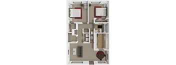 A 3D floor plan of a 2 bedroom apartment with a with a kitchen, living room, and bathroom.