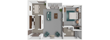 A 3D rendered image of a small apartment layout.