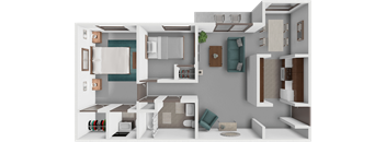 A 3D rendered image of a modern kitchen and living room.