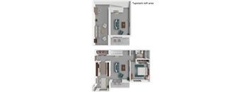 A diagram shows the layout of a loft apartment with two bedrooms, a living area, and a bathroom.