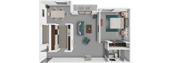 A 3D rendered image of a modern kitchen and living room.