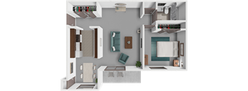 A 3D rendered image of a modern apartment layout.