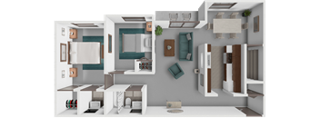 A 3D rendered image of a modern apartment layout.