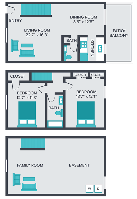 two bedroom townhome floor plan at central square apartments