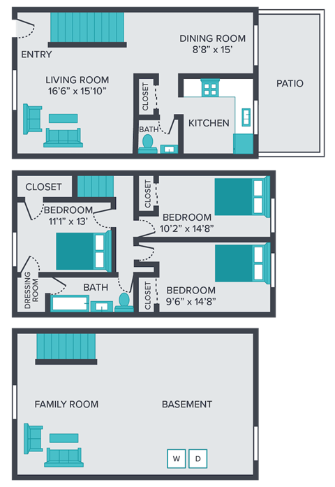 three bedroom townhome floor plan at central square apartments