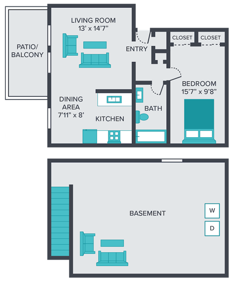 one bedroom one bathroom floor plan at central square apartments