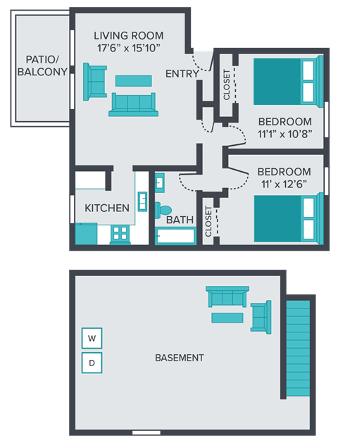 two bedroom one bathroom floor plan at central square apartments