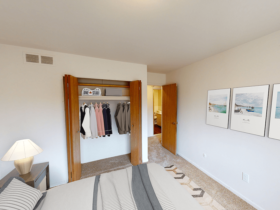 Bedroom of apartment in Southfield, Michigan with large closet.