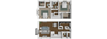 A floor plan of a two-story house with a living room, kitchen, and bedrooms.