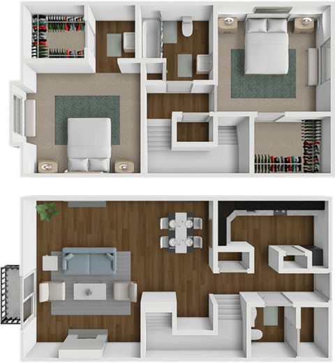 A floor plan of a two-story house with a living room, kitchen, and bedrooms.