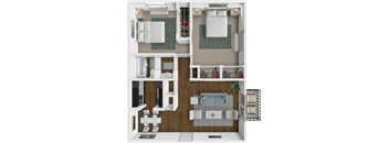 A 3D floor plan of a house with a living room, kitchen, and bedrooms.