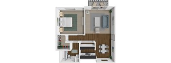 A 3D floor plan of a small apartment with a kitchen, living room, and bathroom.