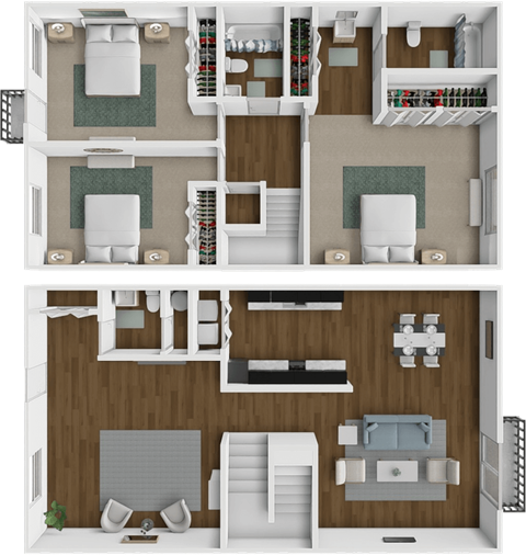 A detailed 3D floor plan of a two-story residential apartment.