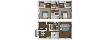 A 3D floor plan of a house with two bedrooms, two bathrooms, a living room, a kitchen, and a dining area.