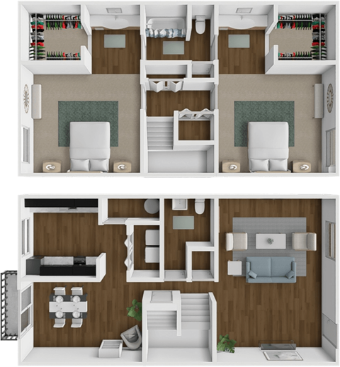 A 3D floor plan of a house with two bedrooms, two bathrooms, a living room, a kitchen, and a dining area.