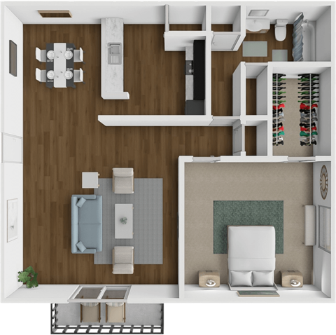 A 3D rendered image of a modern living room with a sofa, a chair, a coffee table, and a fireplace.