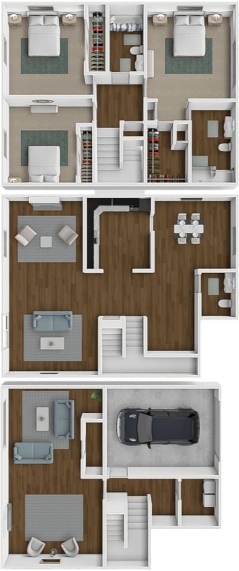 A floor plan of a two-story residential building with a garage.