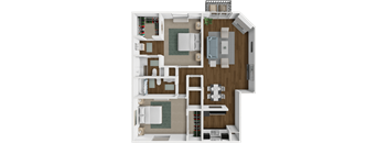 A detailed 3D floor plan of a house layout.