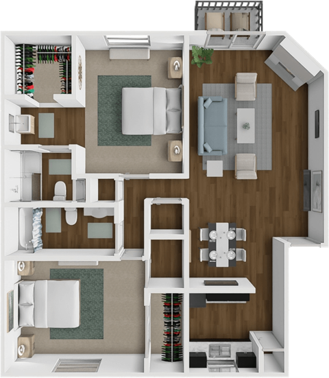 A detailed 3D floor plan of a house layout.