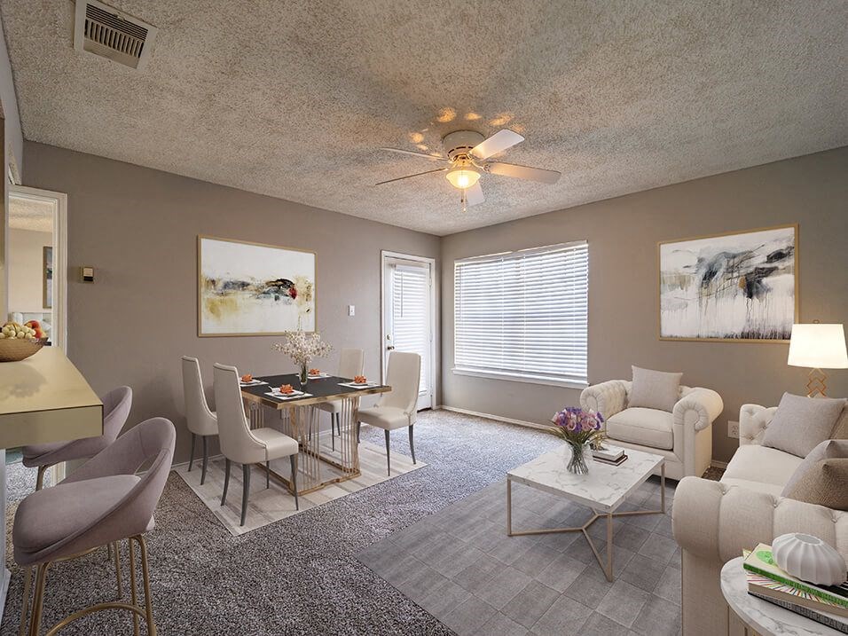 dining and living area with overhead light and large window