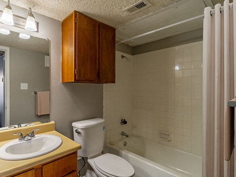 bathroom with lots of cabinet space and tub