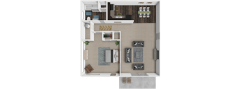 a 3d rendering of a 1 bedroom apartment floor plan at colony village