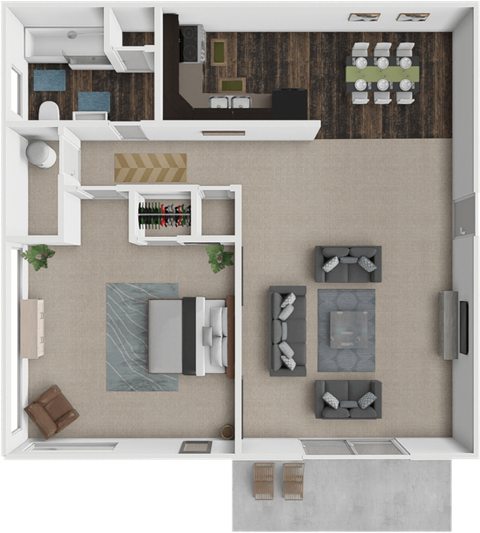 a 3d rendering of a 1 bedroom apartment floor plan at colony village