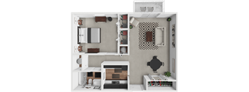 a rendering of a 1 bedroom floor plan with a bathroom and a living room
