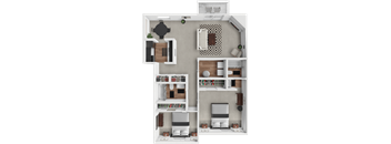 a 3d rendering of a house floor plan with a kitchen and a living room