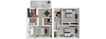 two dimensional floor plans of a house with furniture and a balcony