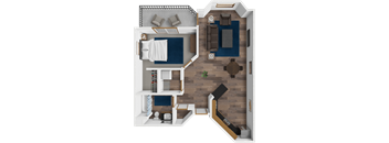 A top-down view of a modern apartment with a living room, kitchen, and bathroom.