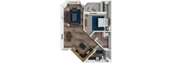 A top-down view of a living room with a couch, chairs, and a coffee table.