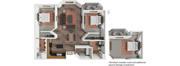 A floor plan of a house with two bedrooms, a living room, a kitchen, and a bathroom.