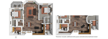 A floor plan of a house with two different layouts, one with an additional entry space and an alternative bedroom closet.