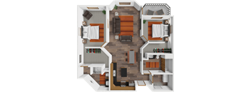 A top-down view of a modern apartment layout with a living room, kitchen, and two bedrooms.