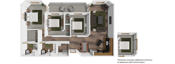 A floor plan of a house with a kitchen, living room, and bedrooms.