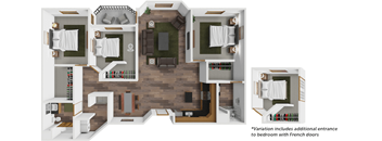 A floor plan of a house with a kitchen, living room, dining room, and two bedrooms.