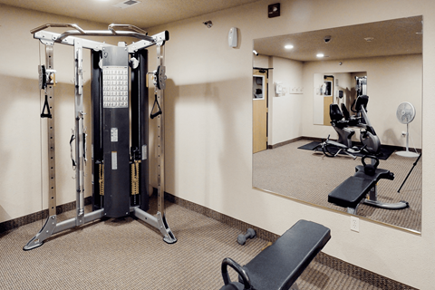 A gym with a mirror, weights, and a leg press machine.